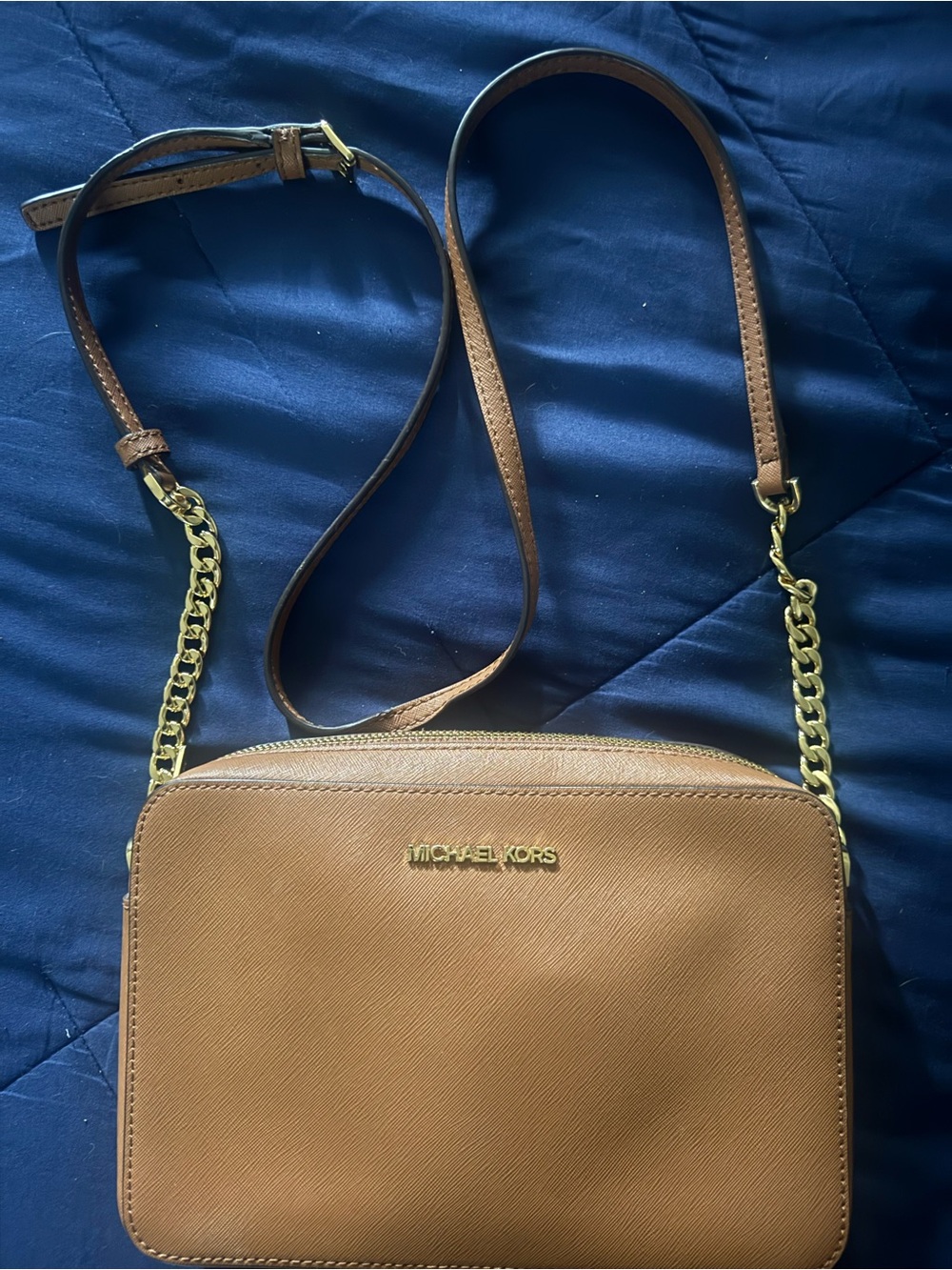 Michael Kors Tan Leather Crossbody with Gold Chain Strap